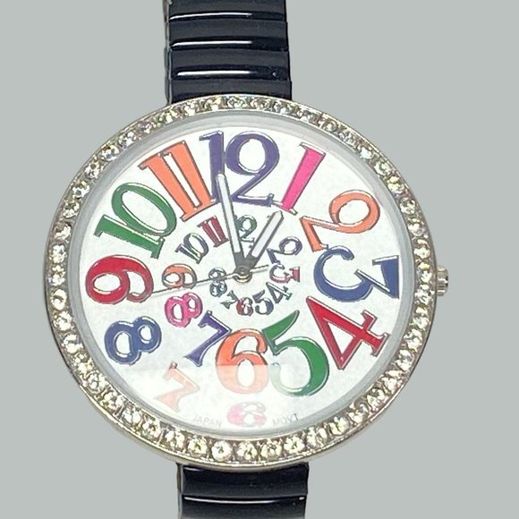 Geneva Platinum Womens Stretch Black Band Round Rhinestone Face Colorful Numbers - Picture 2 of 8